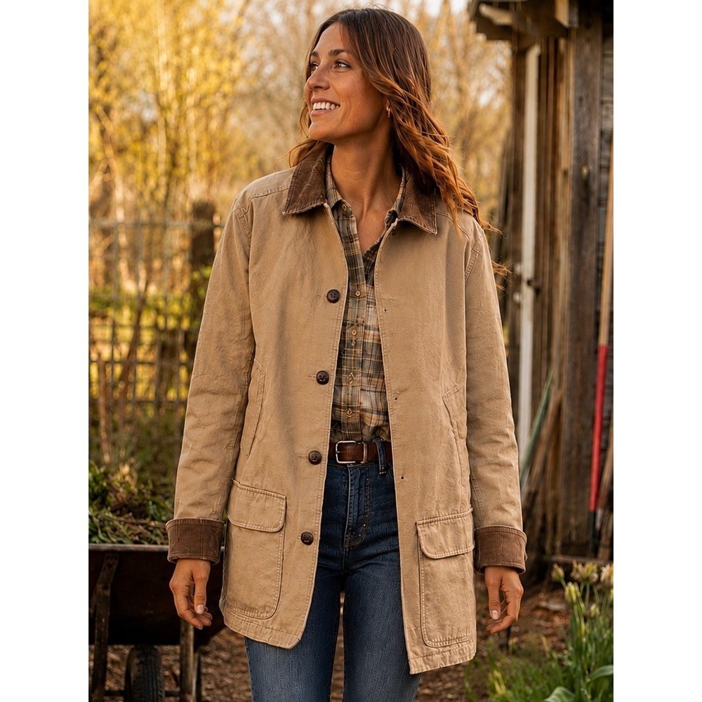 Vintage LL Bean Barn Coat Field Jacket Tan Canvas Chore Corduroy Women's Large